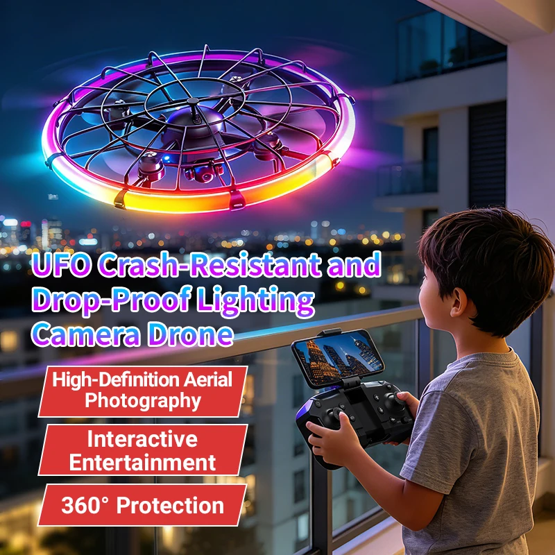 Drone Camera Lens - JJRC H145 UFO RCドローン、デュアルHDレンズ、RGBフローライト、フルボディプロテクション、空撮クアッドコプター玩具